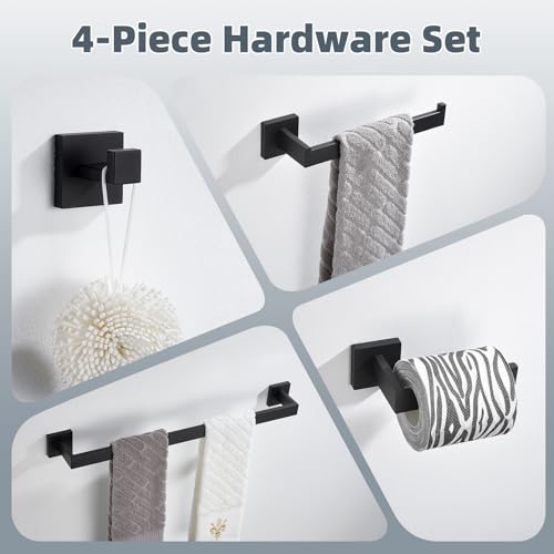 Bathroom Hardware Set Matte Black, Angle Simple Stainless Steel Bath Accessory Kit, 4 Pieces - Towel Hook, Toilet Paper Holder, Towel Holder and Towel Bar - color: Matte Black