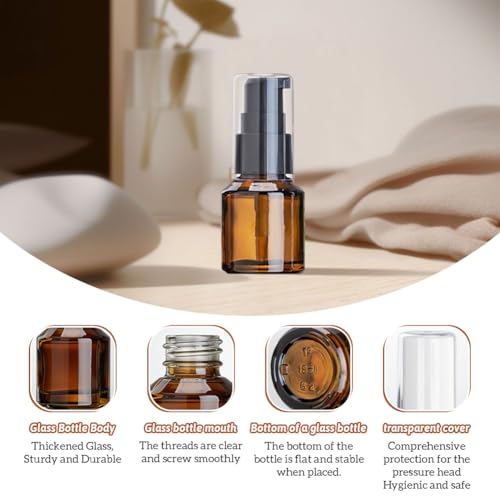 3PCS Refillable Amber Glass Travel Bottles Set Leak-Proof Pump Dispenser Empty Mini Portable Containers for Lotion Cream Foundation Essential Oils (15ml/0.5oz) - color: Amber, size: 15ml/0.5oz