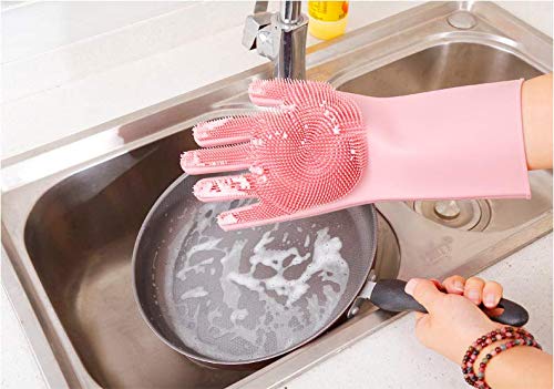 Silicone Dishwashing Gloves, Pet Grooming Rubber Scrubbing for Dishes, Sponge Wash Cleaning with Scrubbers (13.6" L) - color: Pink
