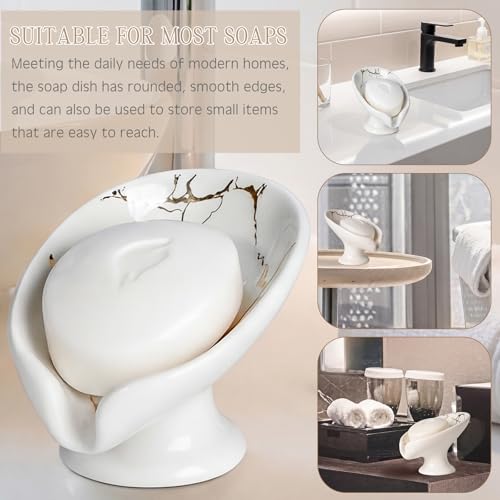 2 Pack Soap Dishes for Bar Soap Holder Ceramic Decorative Self Draining Leaf Shape Design for Sink Modern Bathroom Shower Kitchen, Marble Pattern(White Gold)