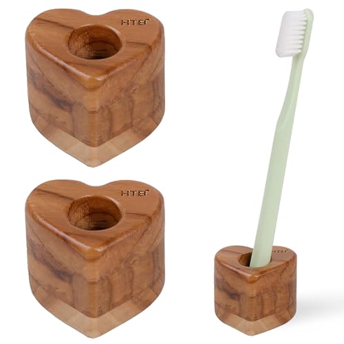 HTB Toothbrush Holder for Bathroom 2 Pack Teak Wood | Toothbrush Stand Organizer Base Station Hollow Drainage Design,Small Countertop Organizer for pens,Makeup Brushes,Space Saver - color: Heart
