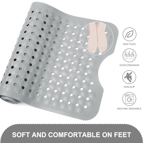 TEESHLY Bath Tub and Shower Mats, Non Slip 40 x 16 Inch Extra Large Bathtub Mat, Machine Washable Bathmat with Drain Holes, Suction Cups for Bathroom Floor, Gray - color: Gray