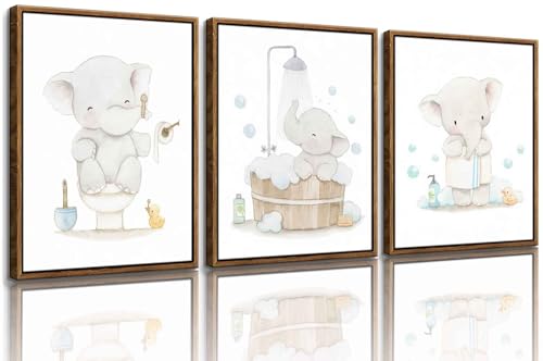 Framed. Set of three prints for bathrooms. An elephant in my bathroom wall art. Canvas Print. Funny kids Bathroom home decor. 8x10 inch. - color: X, size: 10"L x 8"W