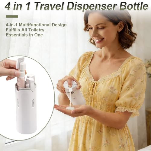 4 in 1 Travel Pump Dispenser Bottle, 30ML 4 Pack Leak-Proof Pump Containers with Measurement Scale & Label Stickers, Portable Bottles for Toiletries, Shower & Travel Use (Green)
