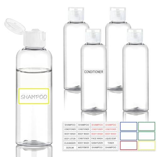 5 Pack 3.4 oz Travel Bottles for Toiletries, TSA Approved Leak Proof Refillable Travel Size Containers, Clear Plastic Shampoo Bottles for Lotion Conditioner - color: Clear cap
