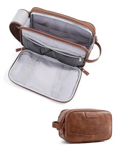 BAGSMART Large Toiletry Bag for Men, High-gloss PU Leather Travel Bag for Toiletries, Dopp Kit Water Resistant Shaving Bag for Bathroom Shower-Red Brown - color: Red Brown, size: Large-8L