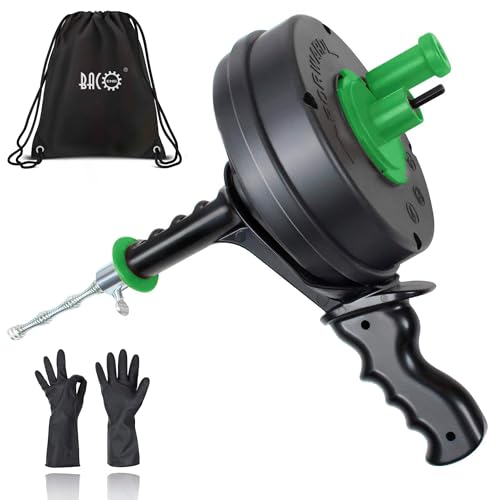 BACOENG 25Ft Drain Auger, Heavy Duty Plumbing Snake with Drill Adapter, Use Manually or Powered for Drain Clog, Shower Sink, Comes with Gloves and Bag (Green) - color: Green-25FT