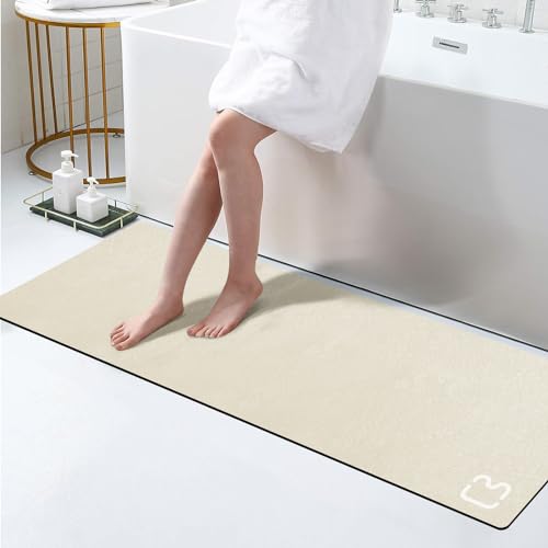 RUERYA Beige Bathroom Mat Rugs 15.7" x 47.2" Super Absorbent Quick Drying Diatomaceous Earth Bath Mats for Bathroom Non Slip Rubber Backed Thin Bathroom Rugs Floor Mat, Machine Washable - color: Beige, size: 1'4" x 3'11" (Rectangular)