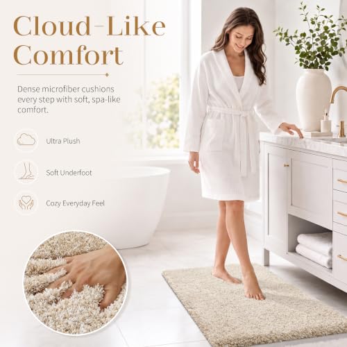 Yimobra Bathroom Rugs Non Slip Washable, Ultra Soft and Water Absorbent Bath Mats, Plush Fluffy Shower Mat Outside, Microfiber Thick Matts for Bathroom Floor/Sink, 24X17, Light Beige and White - color: Light Beige and White, size: 17" X 24"