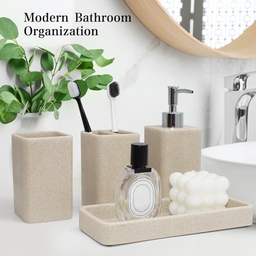 YMXYJM Bathroom Accessories Set, 4 Pcs Bathroom Accessory Set, Soap Dispenser, Toothbrush Holder, Qtip Holder Set, Bathroom Sets Complete, Bathroom Sink Set for Modern Home, Beige - style: Beige