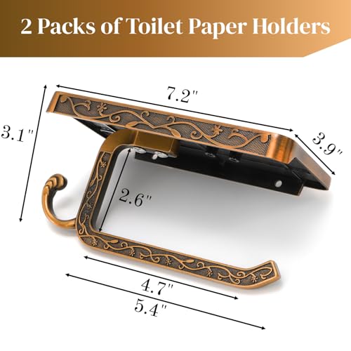 SOUJOY 2 Pack Vintage Toilet Paper Holder with Shelf, Bathroom Tissue Roll Hanger, Anti-Rust Aluminum Wall Mount Toilet Paper Dispenser with Storage Rack for Phone, Wipes, Soap, Antique Bronze
