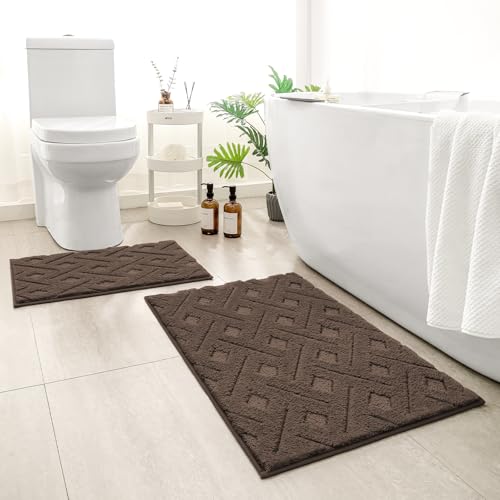 HOMEIDEAS Brown Bathroom Rug Set 2 Piece, Soft Microfiber Tufted Bath Mats, Super Absorbent Non Slip, Machine Washable Bathroom Rugs for Tub, Shower and Floor, 20" x 32" Plus 16" x 24" - color: Brown