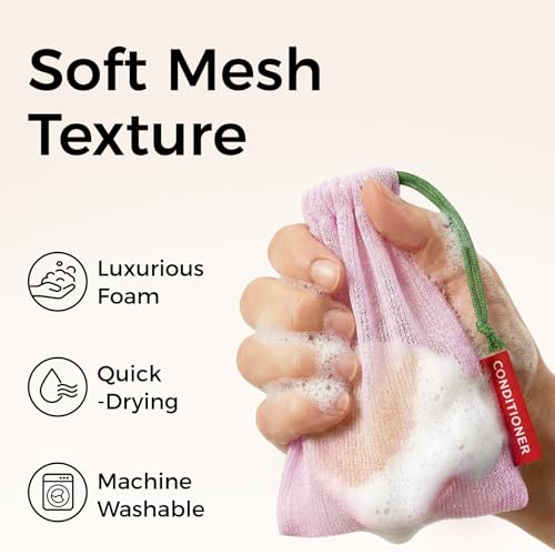 ZOMCHI Foaming Bar Holder for Shower, Mesh Hanging Pouches with Loop, Designed for Body, Shampoo & Conditioner Bars, Color-Labeled Set (3 Pack, Pink)