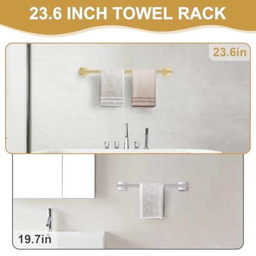 Brushed Gold Bathroom Hardware Towel Bar Set, 5 Pieces Double Dase Toilet Paper Holder Towel Holder Set, 23.6 Inch Stainless Steel Towel Rack for Bathroom Wall Mount - color: Brushed Gold, size: 5pieces B