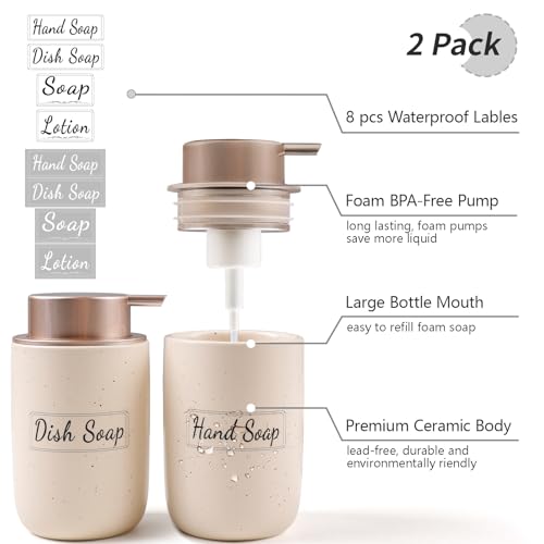 BosilunLife Foaming Soap Dispenser Set - Apricot Ceramic Foam Hand Soap Dispenser 12oz with Rust Proof Pump, Easy Pressing & Refillable,4Pcs Clear Stickers for Kitchen, Bathroom - 2 Pack - color: Apricot-foam Pump