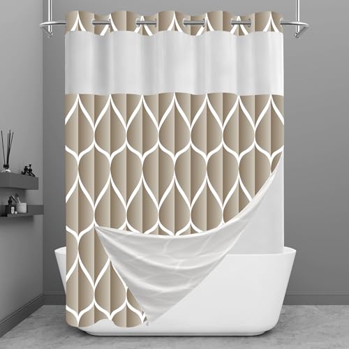 Yiatn No Hook Cream Shower Curtain with Snap in Fabric Liner Set - Hotel Style with See Through Mesh Top Window, Modern Geometric Waterdrop Design,Waterproof and Washable, 71x74 INCH - color: Cream, size: 71"W x 74"L (Pack of 1)