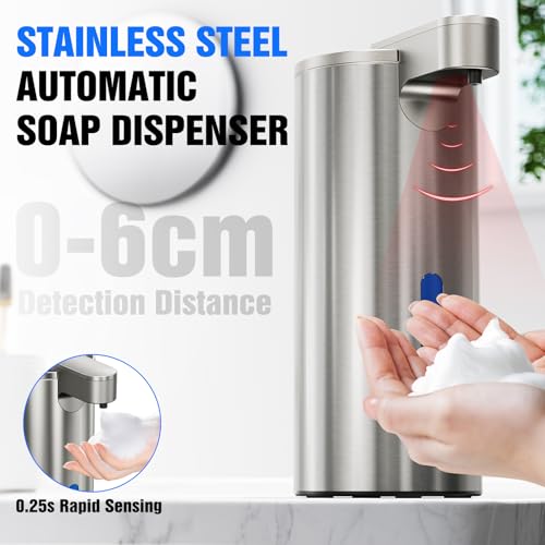 Fantictas Touchless Foaming Soap Dispenser, Stainless Steel Automatic Foam Soap Dispenser, USB-C Rechargeable Sensor Pump with 3 Adjustable Levels, 11.5 oz for Bathroom & Kitchen - color: Stainless Steel, style: Foam