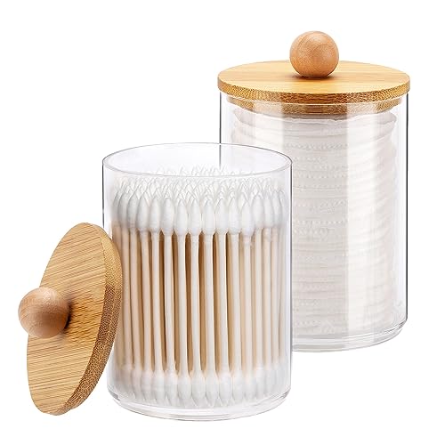 Tbestmax 10-Ounce Qtip Holder Bathroom Jars Canisters for Cotton Ball Swab Pad Storage Dispenzer, Bamboo Lid (2 Pack) - color: Group A - 2 Pcs 10 oz