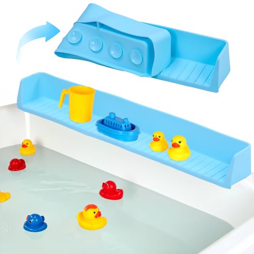 Silicone Bathtub Kids Splash Guard – Extra Long 2.6FT Play Shelf with 11 Strong Suction Cups, Toddler Bath Toy Tray & Caddy Holder, Water Spill Barrier for Bathroom, No Mess Fun Time – Blue