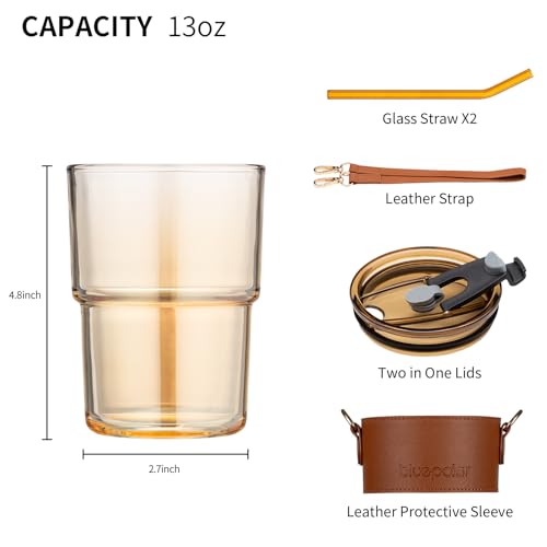BLUEPOLAR 13 oz Tumbler Water Glass, Water Bottle with Straw and Dustproof Lid, Coffee Ice Cup Double Wall Insulated Glass Cup (Amber with Sleeve and Strap) - color: Amber with Sleeve and Strap