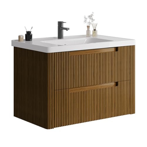 ONBRILL Modern Bathroom Vanity with Sink Combo, Curved Floating Bath Vanity with 2 Drawer, Wall Mount Bathroom Vanities with Integrated Ceramic Sink for Small Space, Apartment (Walnut, 32“) - color: Walnut, size: 32“