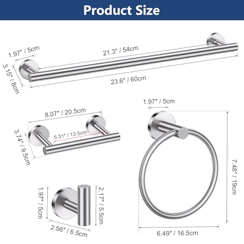 TQKAG Brushed Nickel 5 Piece Bathroom Hardware Accessories Set 23.6" SUS304 Stainless Steel Bathroom Towel Bar Holder Sets Double Post Pivoting Toilet Paper Holder Set Wall Mounted - color: Brushed Nickel, size: 5-Pieces Set-B
