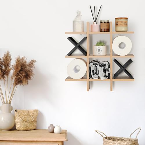 Weysat Tic Tac Toe Toilet Paper Holder Stand Bathroom Wall Decor Rustic Wooden Hanging Storage Freestanding Wall Mounted Shelves Decor for Toilet Tissue Farmhouse - color: Wood Color, Black