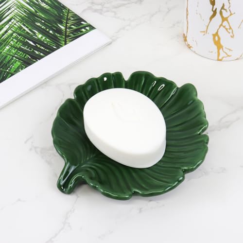 Elegant Bathroom Soap Dish,Ceramic Soap Dish Holder in Palm Leaf Style,Self-Draining Design for Bathroom - color: Green