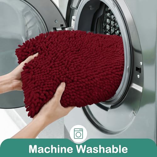 HOMEIDEAS Bathroom Rugs Set 2 Pieces, Ultra Soft Non Slip Absorbent Chenille Toilet Bath Mat Set (Burgundy) - color: Red-burgundy, size: 1'8" x 2'8" (U Shape 20"x24"+20"x32")