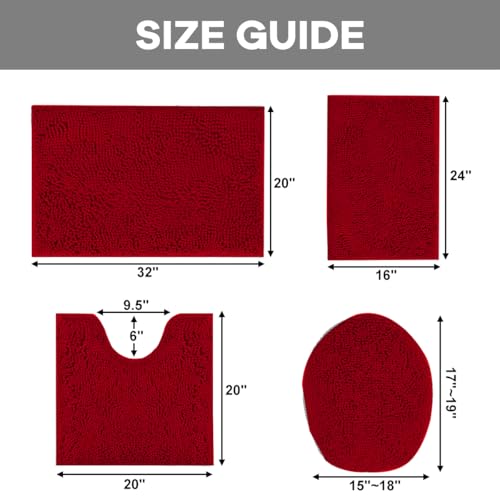 Burgundy Bathroom Rugs Sets 4 Piece with Toilet Lid Cover, Non Slip Bathroom Mats Extra Soft Chenille Bath Rugs Absorbent Shaggy Rugs Perfect Plush Mats U-Shaped Toilet Rug Set Home Decoration - color: Burgundy, size: 1'8" x 2'8" (Square + oval + U-shape)