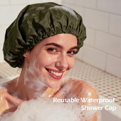 Shower Cap for Women Reusable Waterproof, Large Bath Cap with Elastic Band, Hair Caps for Long Hair and Braids, Green - color: Green