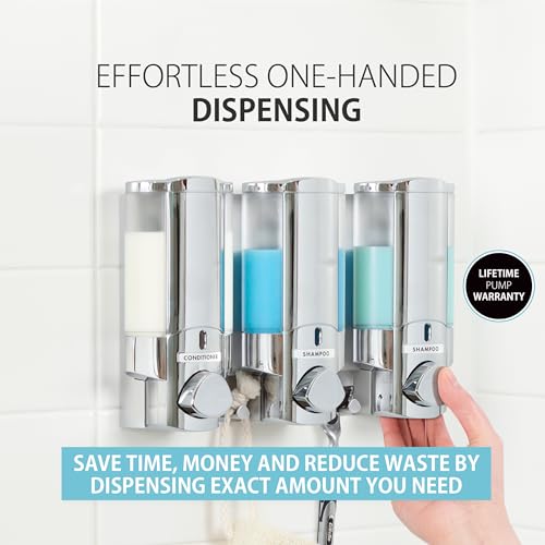 Better Living Products 76345 AVIVA Three Chamber Dispenser, Chrome | 3 Chamber, Shower Dispenser for Bathroom, Built-in Hooks, No Drill, Waterproof Shampoo Soap Dispenser Pump - color: Chrome, size: 3-Chamber