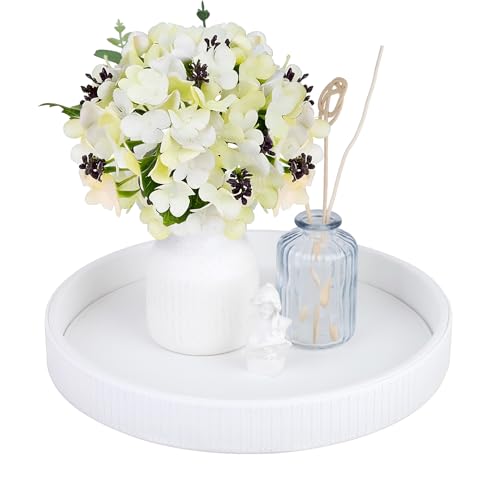 HofferRuffer Round Decorative Tray, Faux Leather Vanity Tray Decor, Decorative Catchall for Perfume, Bathroom Valet, Nightstand or Dresser (White Stripe, Round-12" x 12" x 1.6") - color: White Stripe