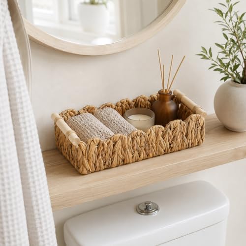 Scalloped Edge Toilet Paper Basket, Water Hyacinth Wicker Basket for Back of Toilet Tank, Long Narrow Bathroom Counter Organizer with Wooden Handles for Vanity, Shelf, Storage