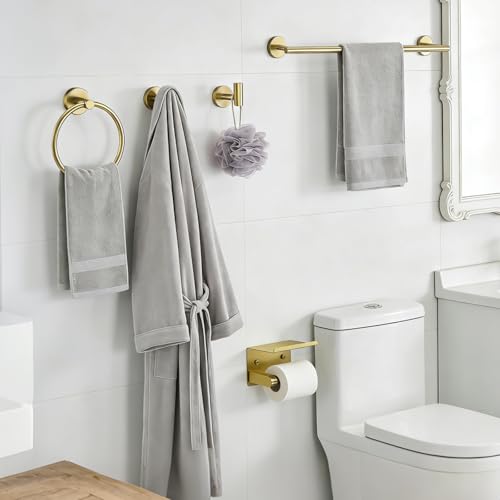 5-Pieces Wall Mount Bathroom Accessories Bathroom Hardware Set,22 Inch Stainless Steel Waterproof Towel Bars,Toilet Paper Holder with Shelf,Towel Ring,Coat Hook (Brushed Gold 5PC - Round) - color: Brushed Gold 5pc - Round