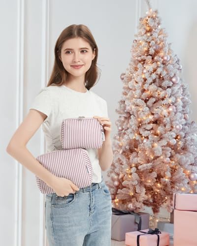 Narwey Striped Makeup Bag Travel Cosmetic Bag Organizer Toiletry Bag Make Up Bags with Compartments for Women Girls (Large, Dusty Rose Stripe) - color: A-Dusty Rose Stripe, style: Large