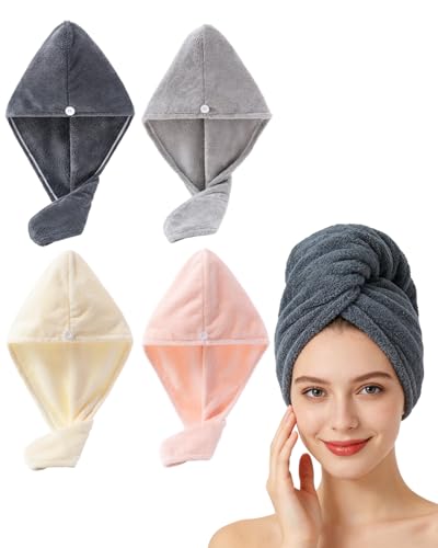 Lumimi Microfiber Hair Towel Wrap 4 Pack - Gym & Shower & Travel Quick Dry Turban, Secure Button Closure for Active Women, Anti-Slip Design for Thick/Curly Hair, Compact 25x65cm (4-Piece Set) - color: Pink+grey+darkgray+cream