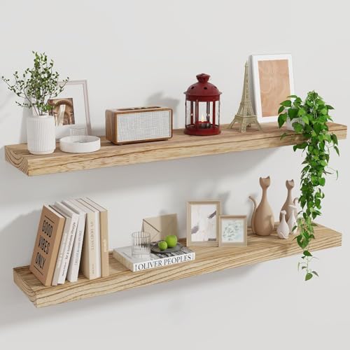 Marsmiles Wood Floating Shelves for Wall Set of 2, 36 Inch Wide Rustic Wooden Floating Shelves, Invisible Wall Mounted Display for Living Room Bedroom Kitchen Bathroom Office, Carbonized Black - color: Carbonized Black, size: 36Inch, Set of 2, (1-2/5"H)