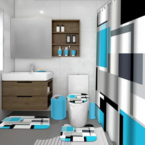 Lnond Blue Bathroom Set, 23-Piece Blue Black Geometric Bathroom Decor Set with with Shower Curtain and Rugs, Trash Can, Toilet Brush Holder Set & Soap Dispenser - style: Blue Geometric