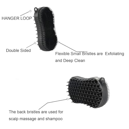 Silicone Body Scrubber, Double Sided Exfoliating Brush with Soft Flexible Bristles, Scalp Massage and Shampoo Tool with Hanger Loop (Black) - color: Black