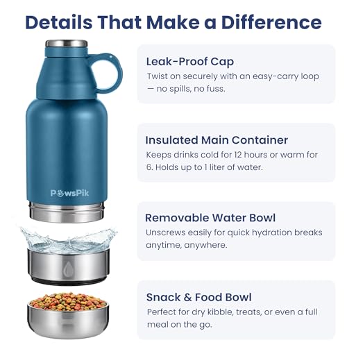 PawsPik 3-in-1 Travel Dog Water Bottle & Bowl Set, 32oz, Blue | Stainless Steel Vacuum-Insulated Bottle with Detachable Food & Water Bowls, Leak-Proof, Keeps Water Cold 12hrs/Hot 6hrs - color: Midnight Summit Blue