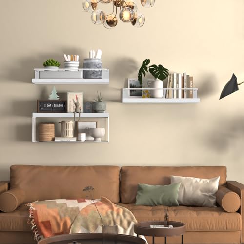 PopiShelves Bathroom Shelves Over Toilet for Wall, Floating Shelves with Storage Basket Paper Holer for Kitchen Living Room, Bedroom & Classroom, Set of 3 (White) - color: White, size: 15.7"