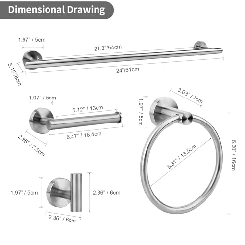 Brushed Nickel Bathroom Hardware Accessories Set 5 Piece, Stainless Steel Bath Towel Bar Set 24 Inch,Toilet Paper Holder,Towel Ring Holder,Towel Rack Set, Brushed Nickel - color: Brushed Nickel