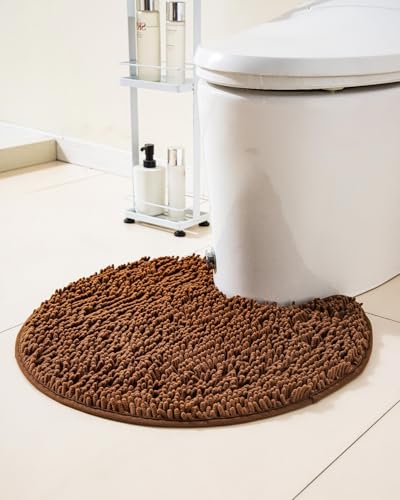 Soft Shaggy Round Toilet Rug U Shaped for Bathroom, Excellent Absorbent Contour Toilet Mat Machine Washable, Non-Slip Microfiber Chenille Bathroom Rugs 24" Brown - color: Brown