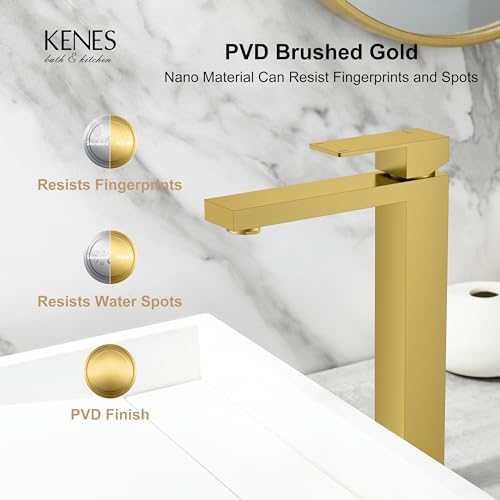 KENES Brushed Gold Tall Bathroom Faucet, Single Handle Vessel Sink Faucet Gold Vanity Bathroom Faucet with Supply Lines and Pop Up Sink Drain, LJ-9031A-4 - color: Gold, size: Tall