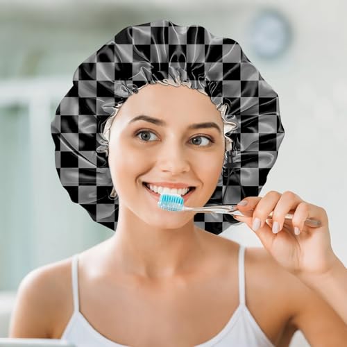 Luxury Shower Cap Silk Satin Lined Waterproof Reusable Adjustable Elastic Dry Hair Bathing Caps Cute for Women Girls-Black Grey Checkered - color: C-17-Black Grey Checkered