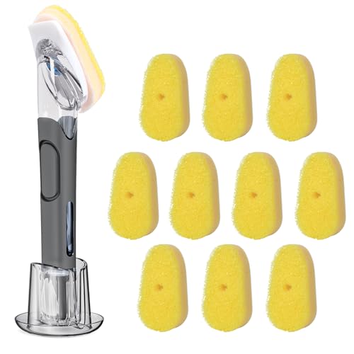 Soap Dispensing Replacement Dish Brush Storage Set with 10 PCS Sponge Refills & Holder - RIMAY Dispenser Scrub Cleaning Scrubber Kitchen Dishwashing Dish Wand Handle for Dishes/Pans/Pots/Sink(Yellow) - color: Yellow