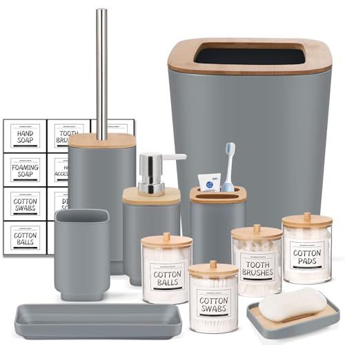 IMAVO 11 Piece Grey Bathroom Set, Trash Can, Toilet Brush, Storage Tray, Complete Bathroom Accessories Organization Kit for Bathroom Décor and Home Gifts - color: Grey, size: 11 Pcs Bathroom Set