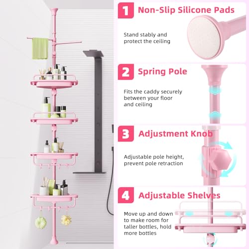 XLHOMO 32-122inch Corner Shower Caddy Tension Pole Pink, Rustproof Drill-Free Shower Shelves for Bathroom Bathtub Washbasin, Adjustable Shower Organizer with 4 Tier Patent Stable Shelves & Towel Bars - color: Pink
