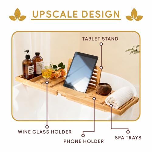 Premium Foldable Bamboo Bathtub Tray Caddy, Expandable Bath Caddy Tray with Holder, Natural Bath Shelf Over Tub, Spa Bathroom Accessories & Gifts for Home - color: Natural